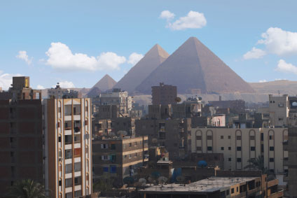 view of the Pyramids of Giza from Cairo