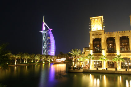 view of Burj Al Arab hotel, Dubai, at night