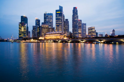 view of Singaporean financial district from the sea