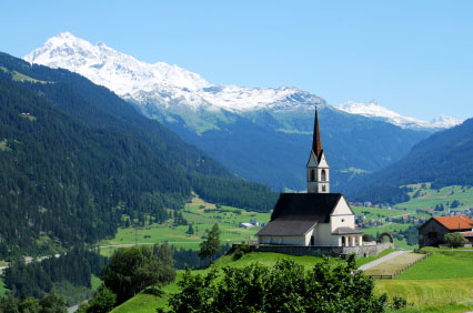traditional Swiss countryside and mountains